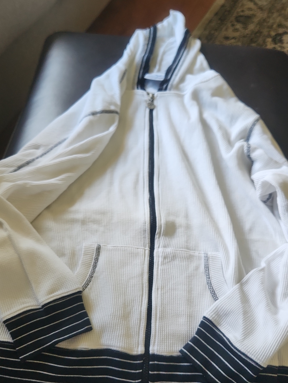 White Waffle Knit Full Zip Hoodie Contrast Black Striped Cuffs Plus Size 2X